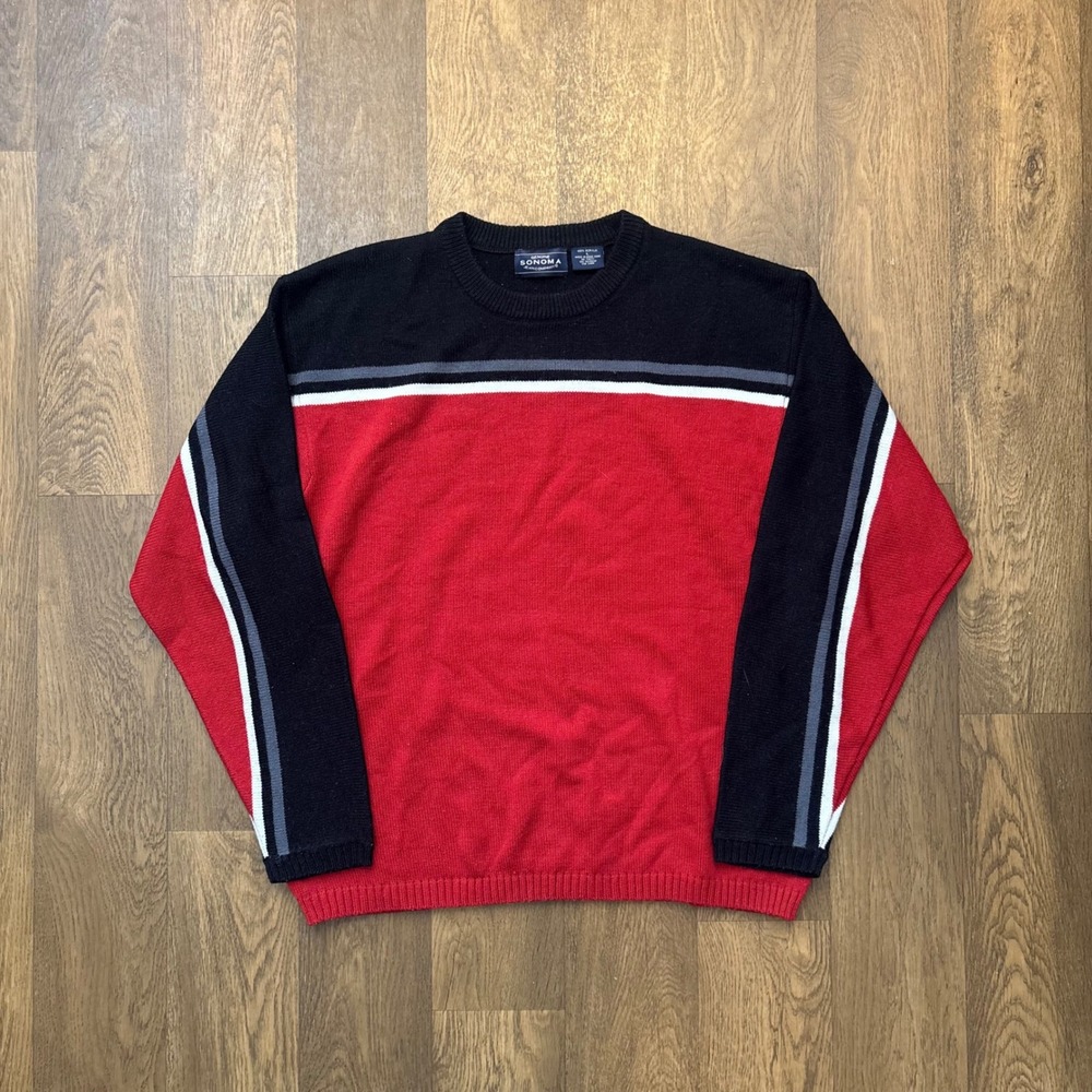 Vintage Y2K Sonoma Jean Company Red and Black Striped Acrylic Striped Sweater